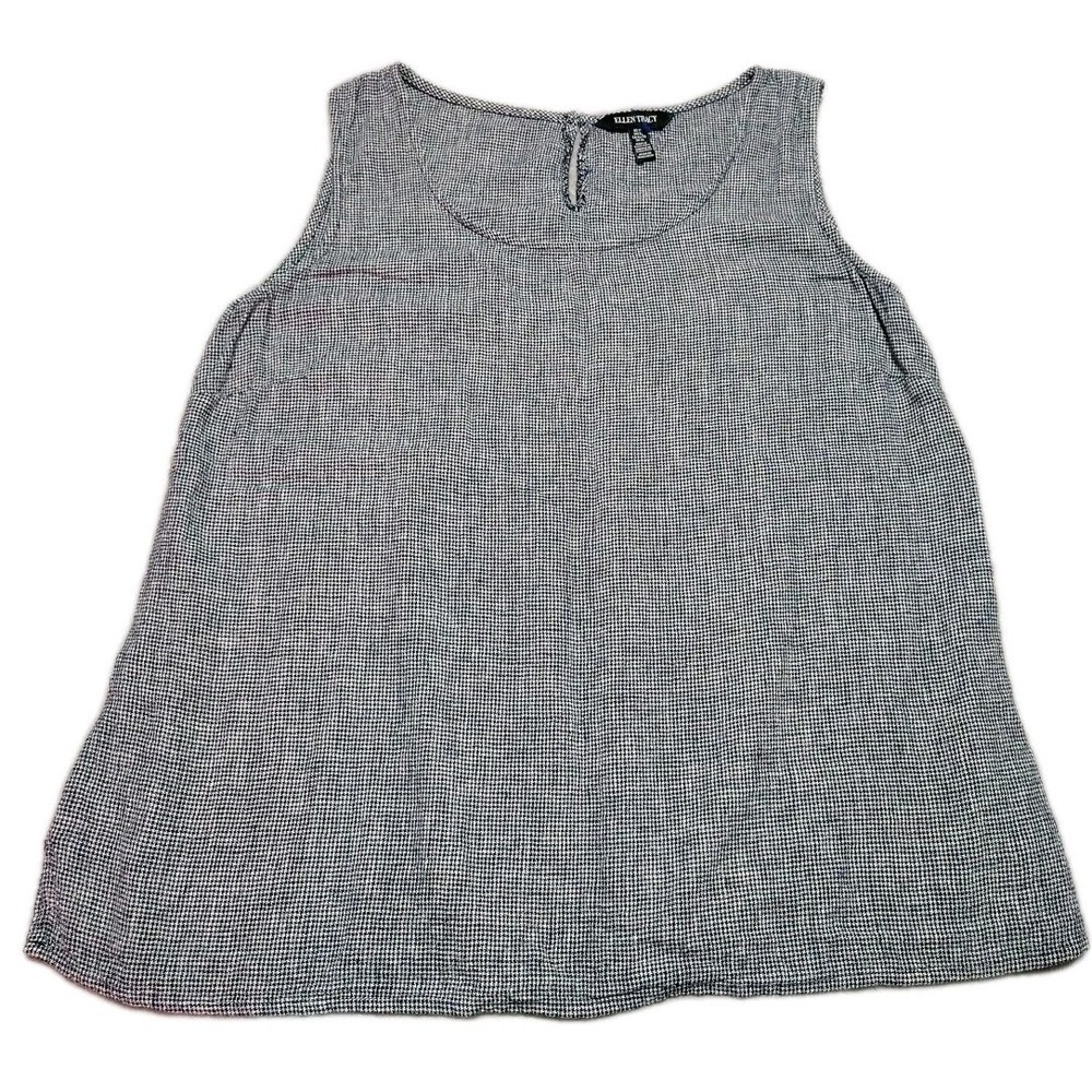 Ellen Tracy Linen Blend Blouse Ladies XL Black/White Star Sleeveless Summer